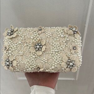 Olga Berg Cream Floral Pearl Clutch